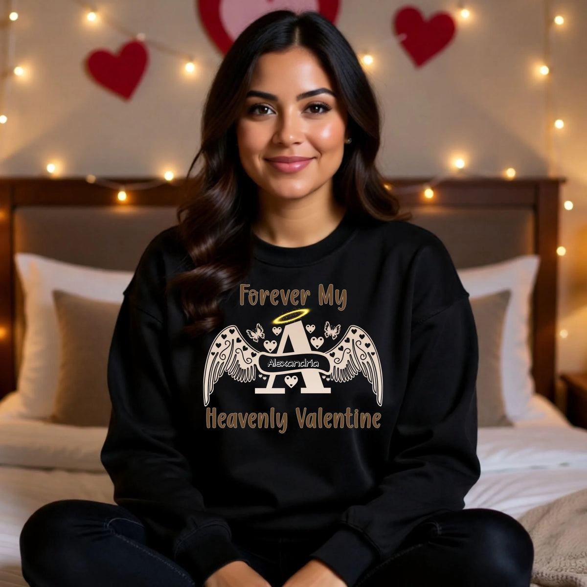 Black two-tone angel letter sweatshirt with custom name, memorial Valentine gift with angel wings