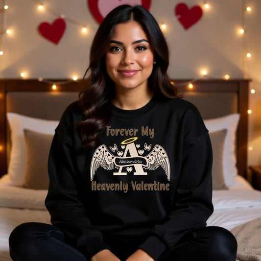 Black two-tone angel letter sweatshirt with custom name, memorial Valentine gift with angel wings