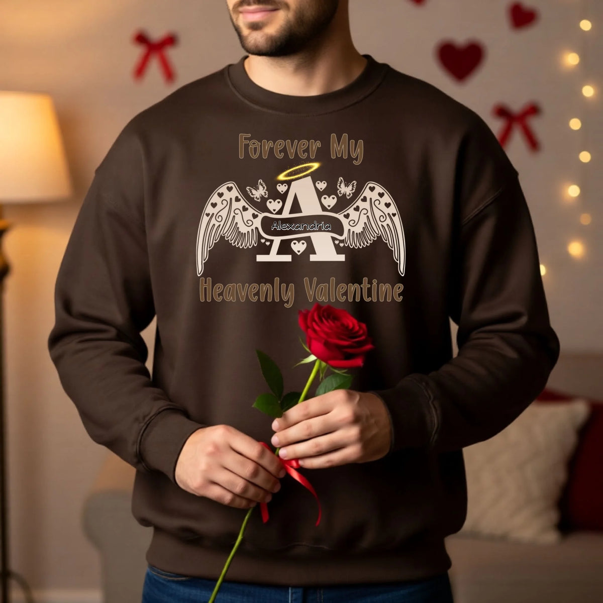 Brown two-tone personalized angel letter sweatshirt for men, memorial Valentine gift with wings