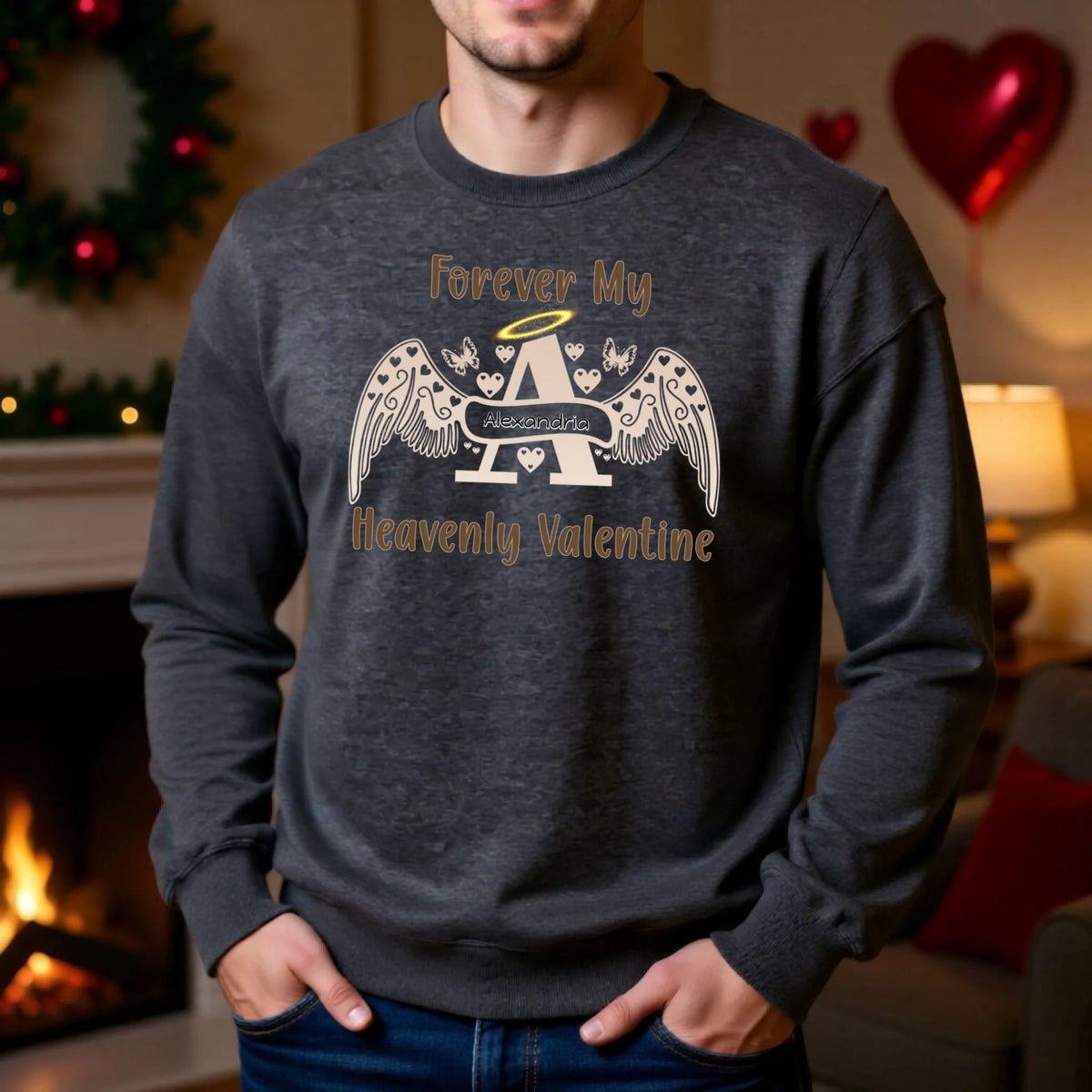 Dark heather angel letter sweatshirt with personalized name, heavenly Valentine remembrance gift