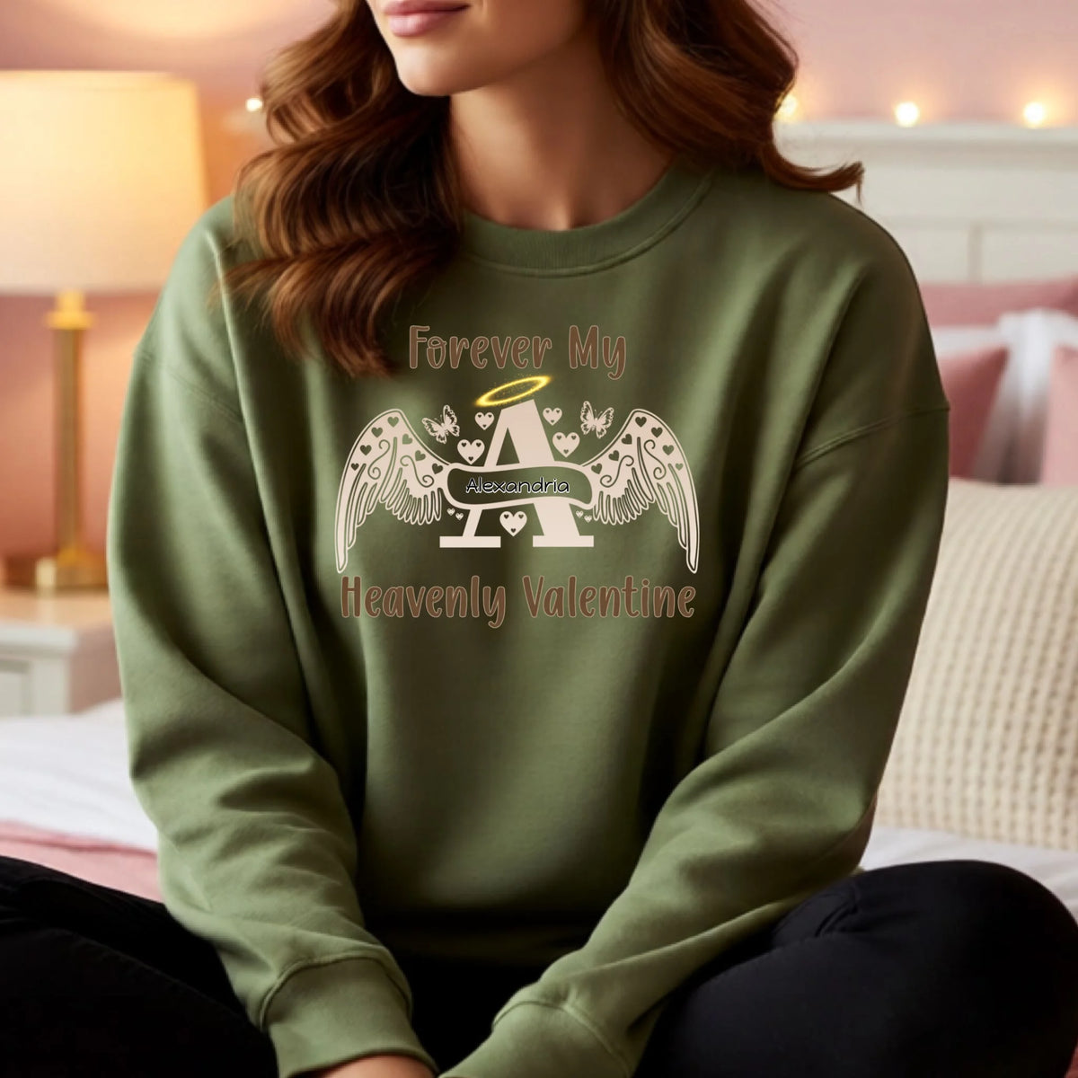 Military green personalized angel letter sweatshirt with halo and wings, memorial Valentine apparel