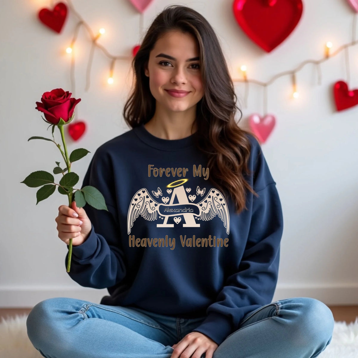 Navy angel letter crewneck sweatshirt with custom name, Valentine memorial remembrance apparel