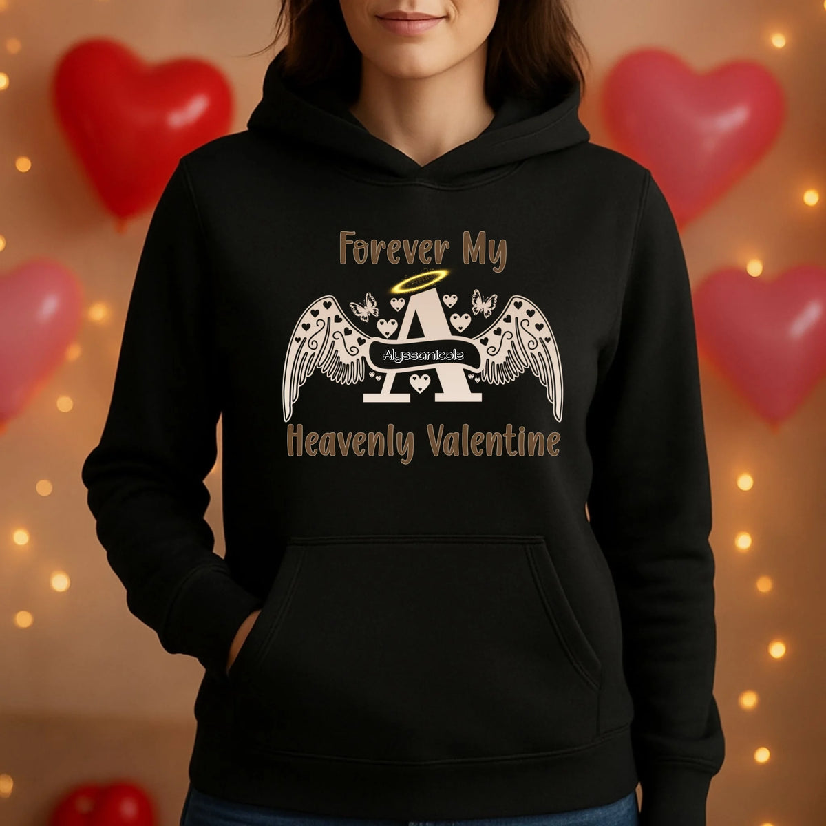 Black two-tone angel letter hoodie with custom name, Valentine memorial remembrance hoodie