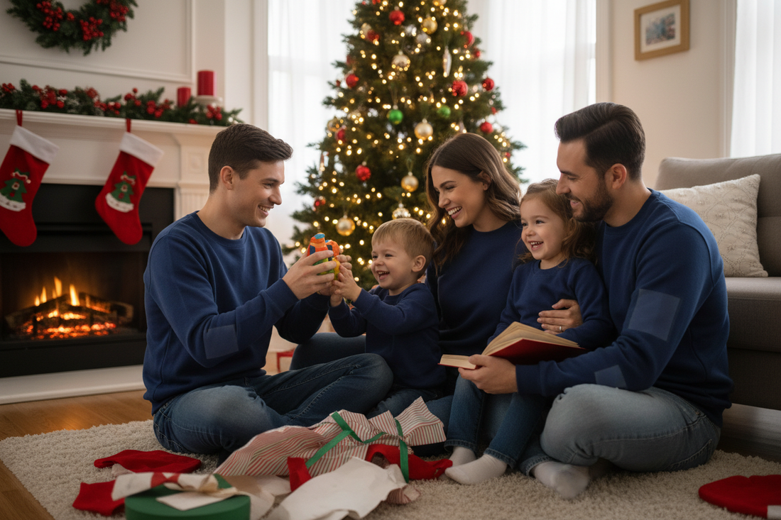 matching family Christmas outfits on Christmas morning – mama papa and kids in cozy crewnecks opening gifts