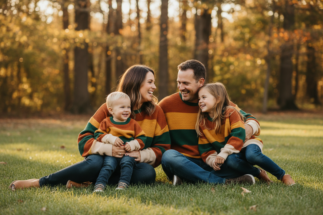 matching family crewneck sweaters outdoors, cozy fall colors, smiling parents and children, family matching outfits