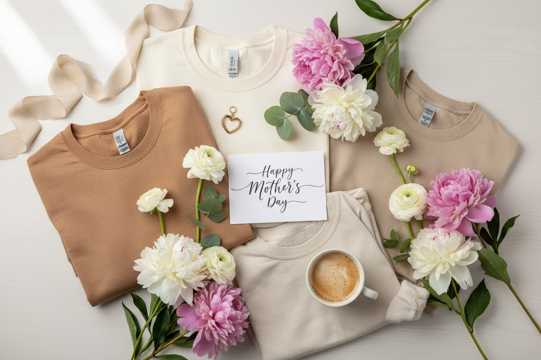 Mother’s Day gift guide featuring cozy mom shirts, neutral apparel, flowers and coffee flat lay