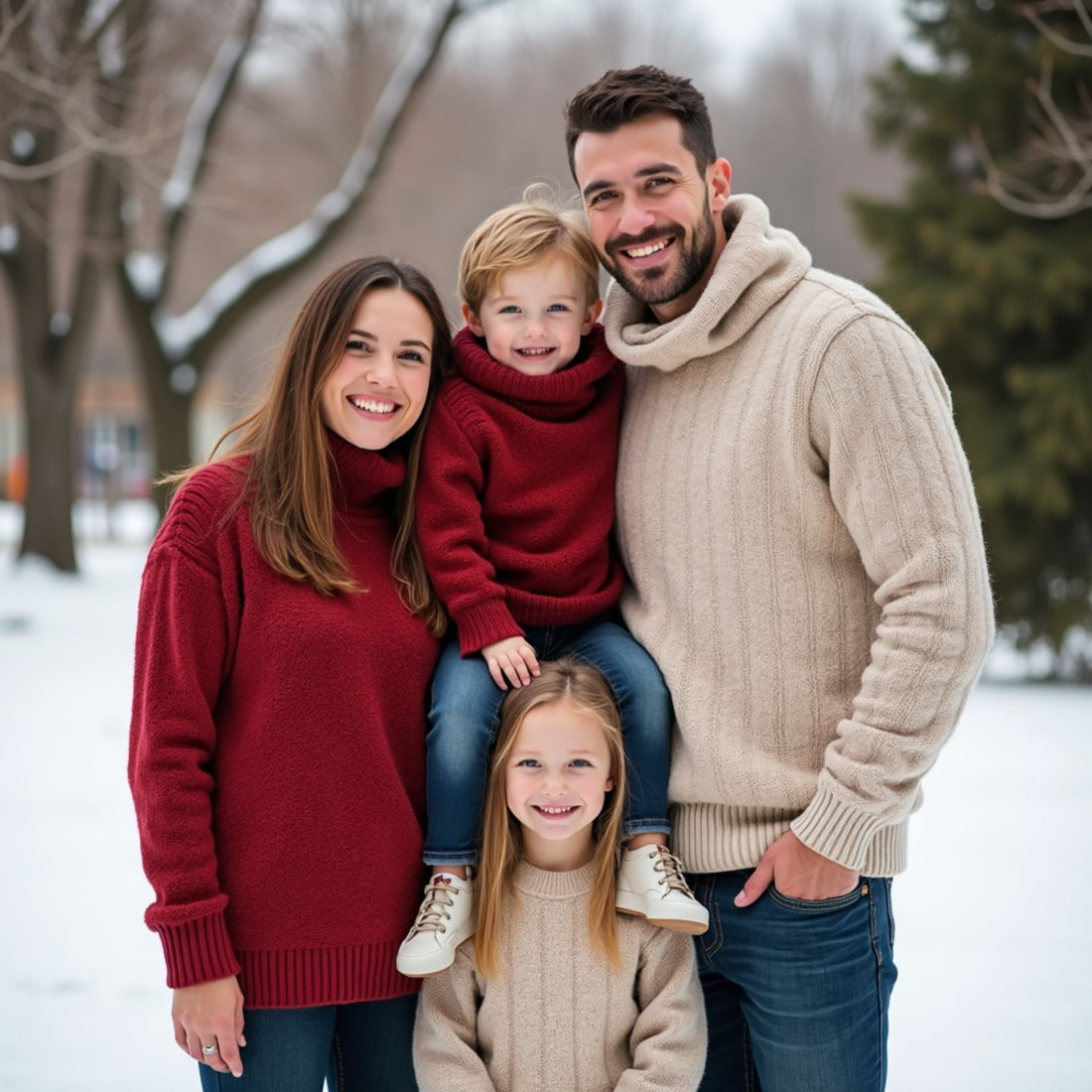 matching family winter outfits mama papa and kids in cozy sweaters outdoors