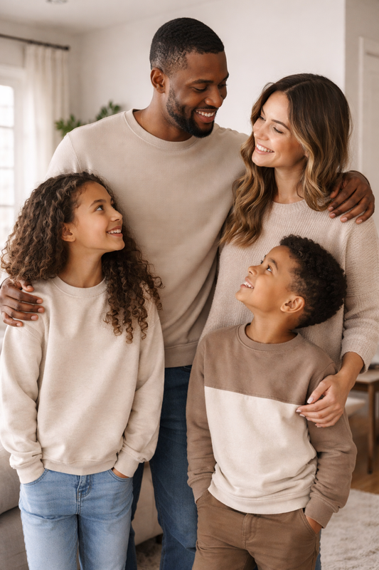 A family wearing coordinated cozy sweaters, sharing a warm moment together at home