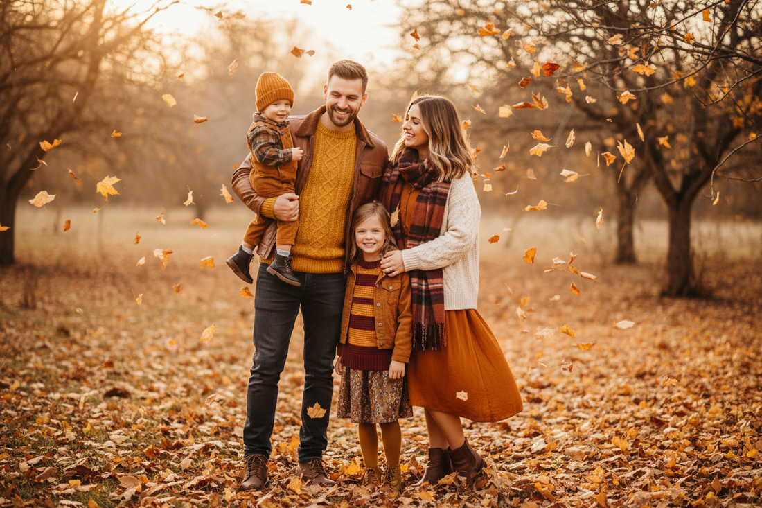 Family of four in coordinated fall outfits laughing together outdoors as autumn leaves fall around them — cozy matching family fashion from Designs By Dice
