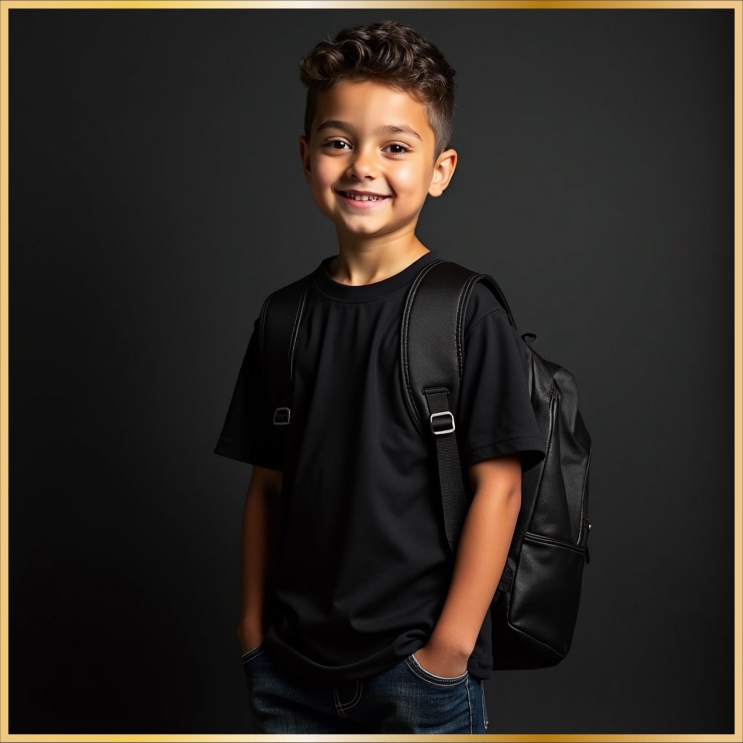 Stylish black back-to-school outfit photographed in a modern dark studio setting for student fashion.