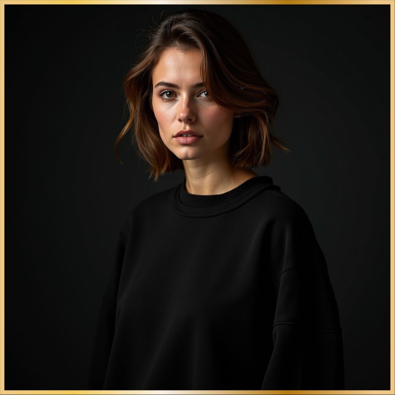 Black Christmas crewneck sweater photographed in a warm dark studio, premium holiday tone.