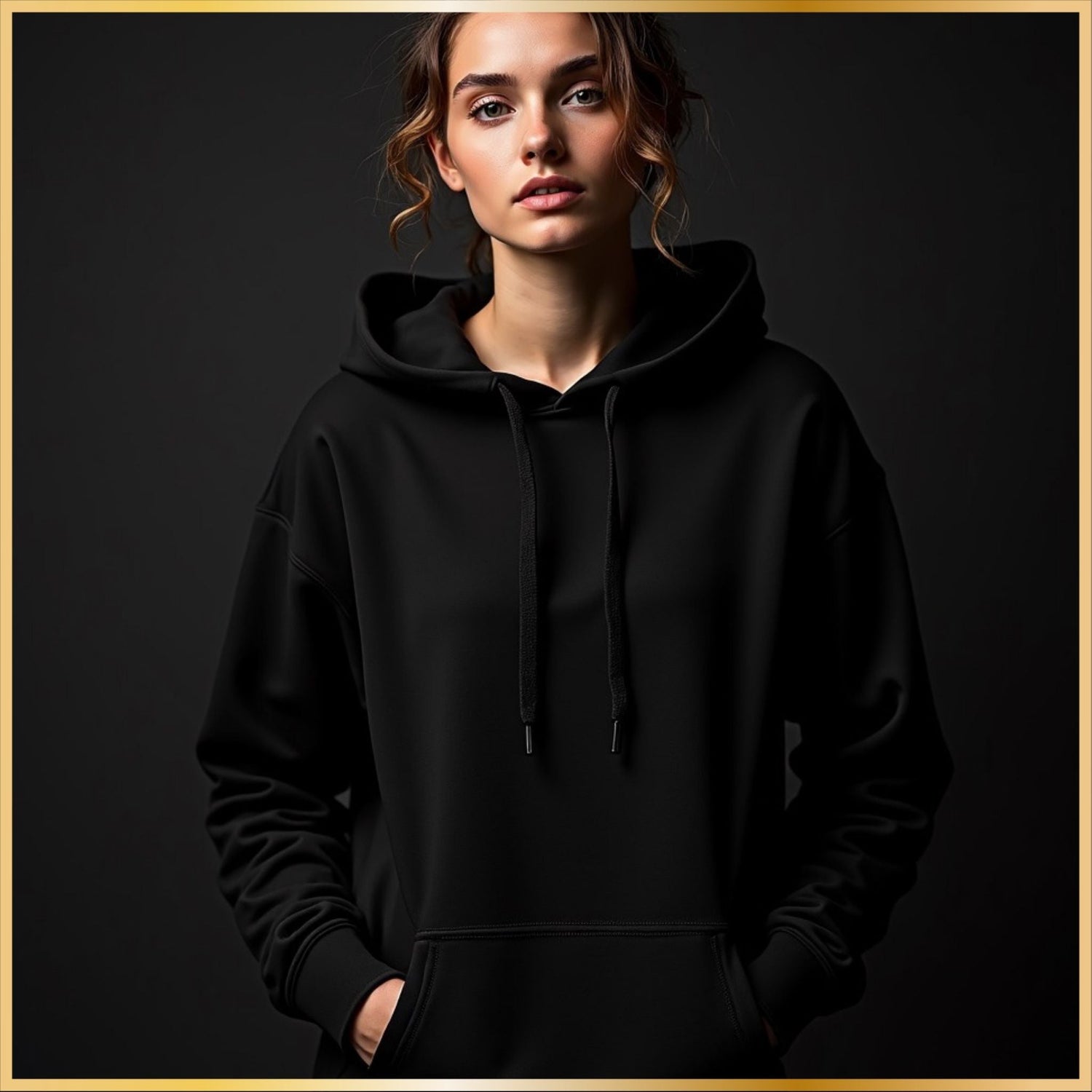 Black Christmas hoodie styled in a dark cozy studio for a premium festive look.