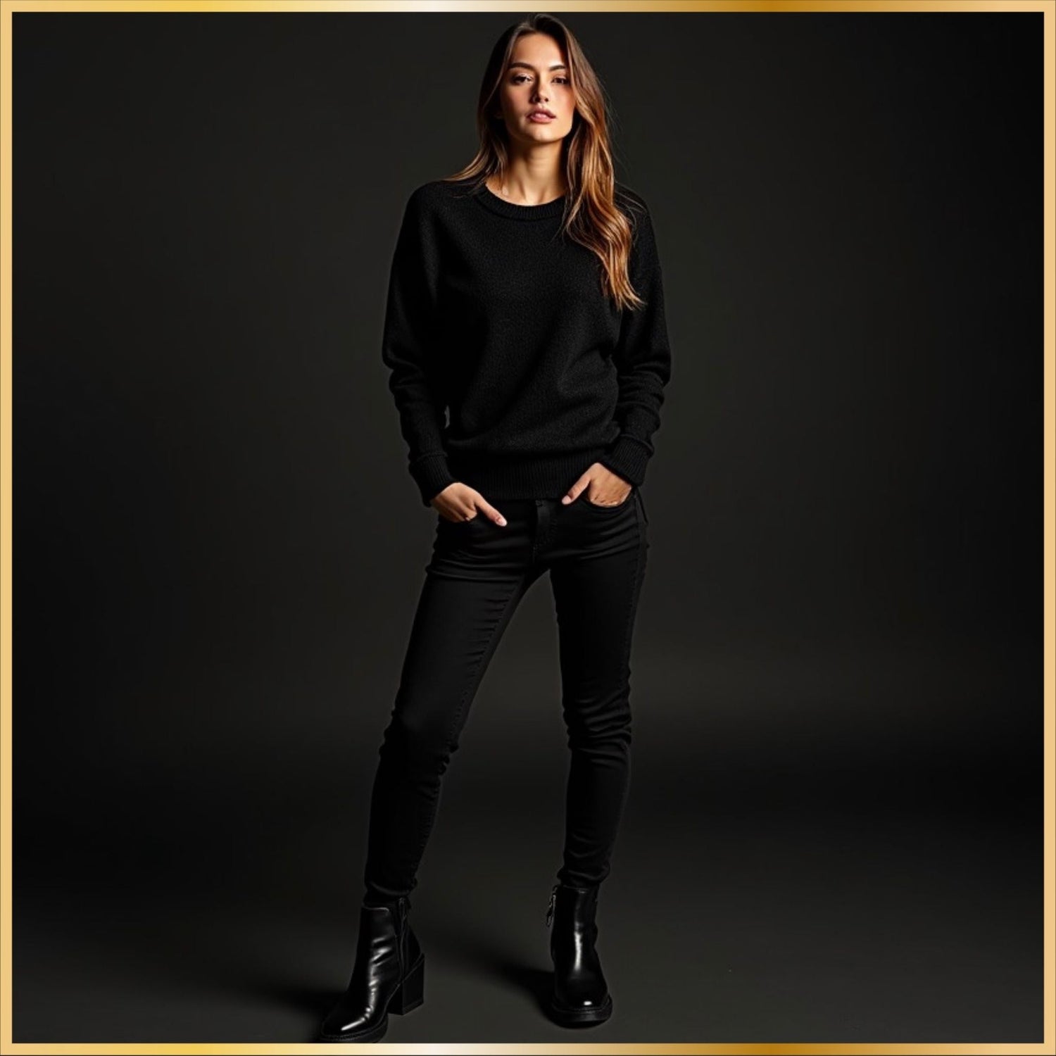 Black crewneck sweater showcased on a model in a dark luxury studio setting with a clean, minimal look.