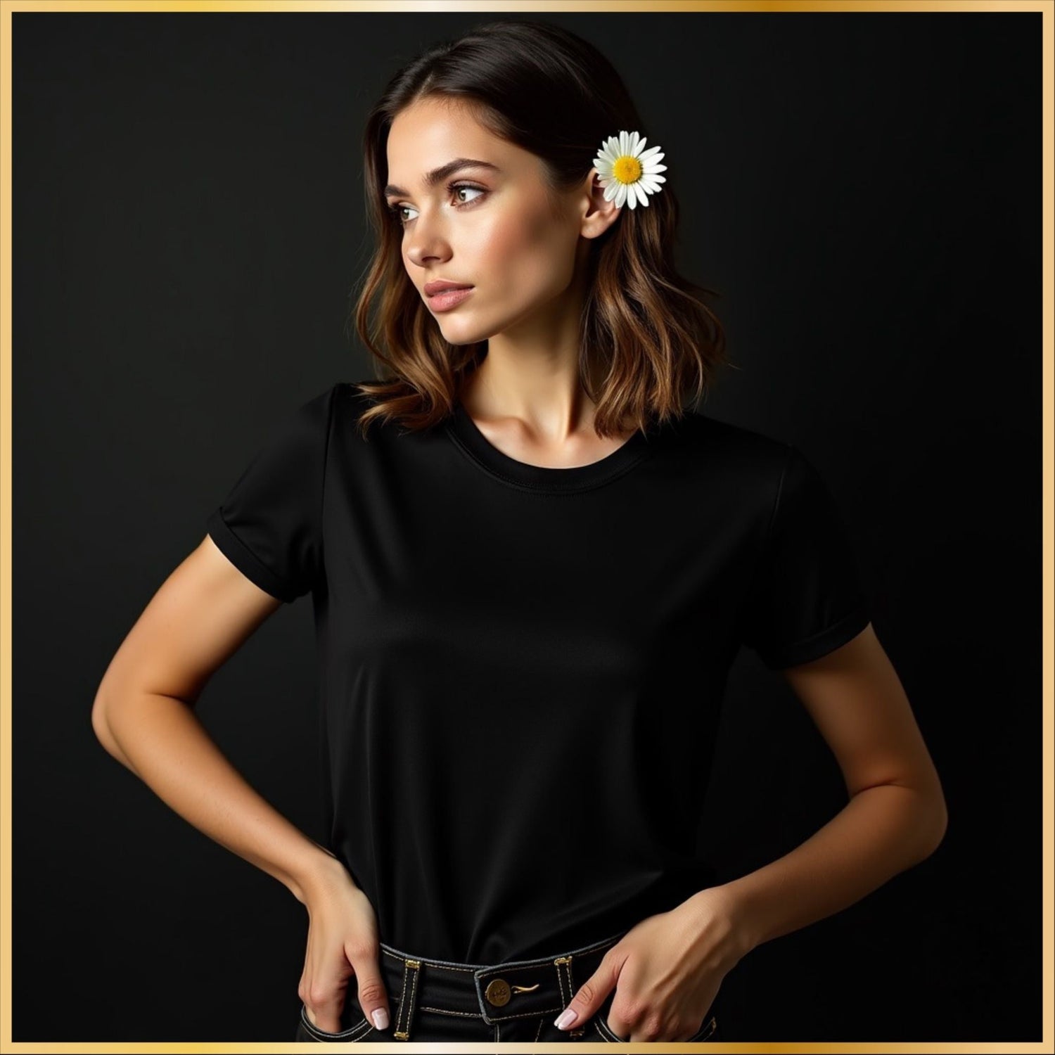 Woman wearing a black t-shirt with a white flower in her hair in a dark studio, symbolizing Easter season.