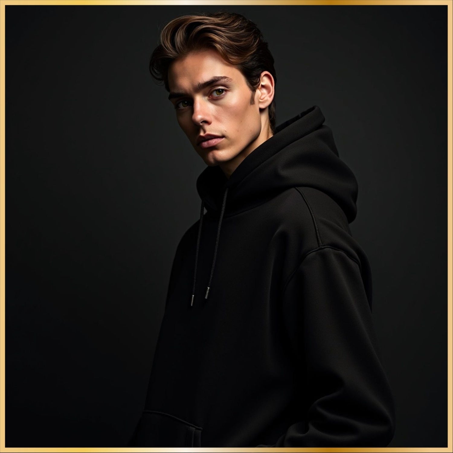 Black Halloween hoodie styled in a dramatic dark studio setting.