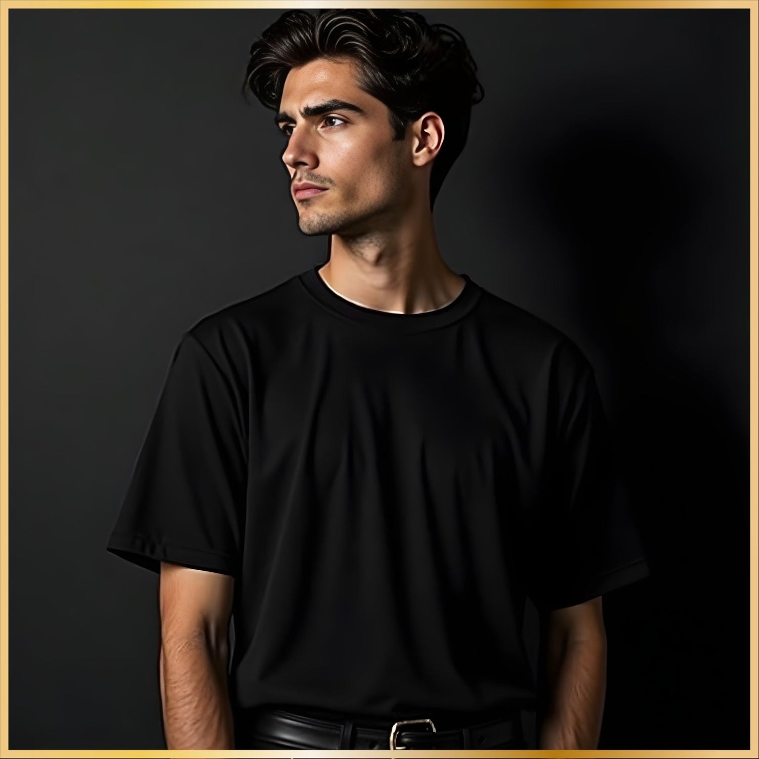 Black Halloween-themed t-shirt photographed in a dark moody studio setting.