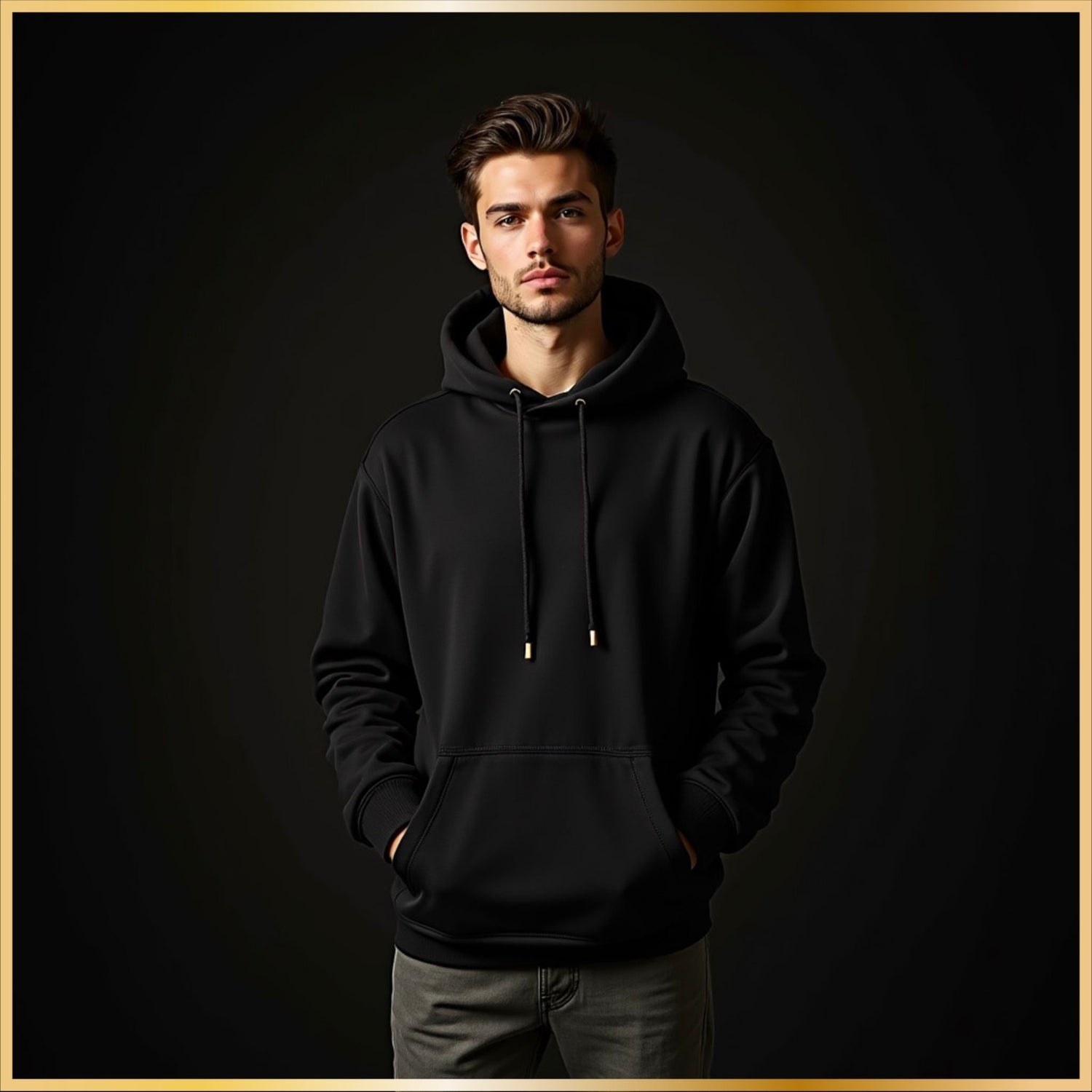 Model wearing a plain black hoodie in a dark studio setting, modern and minimal lifestyle fashion look.
