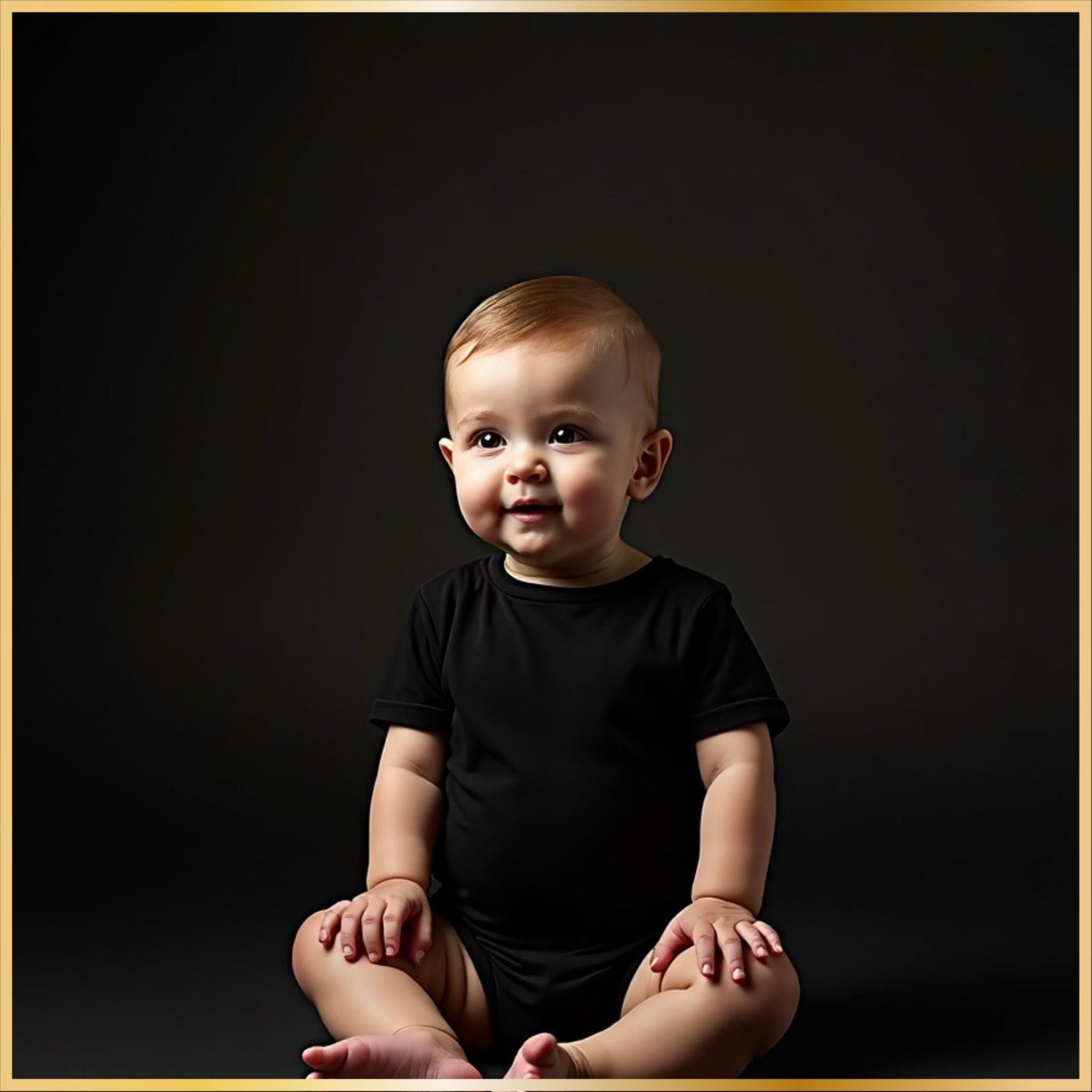 Minimal baby apparel displayed in a clean black studio, soft modern infant photo style.