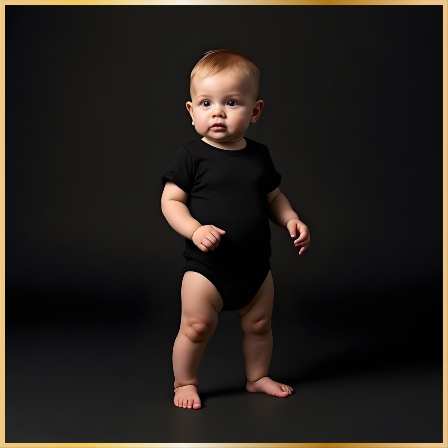 Minimal baby apparel displayed in a clean black studio, soft modern infant photo style.