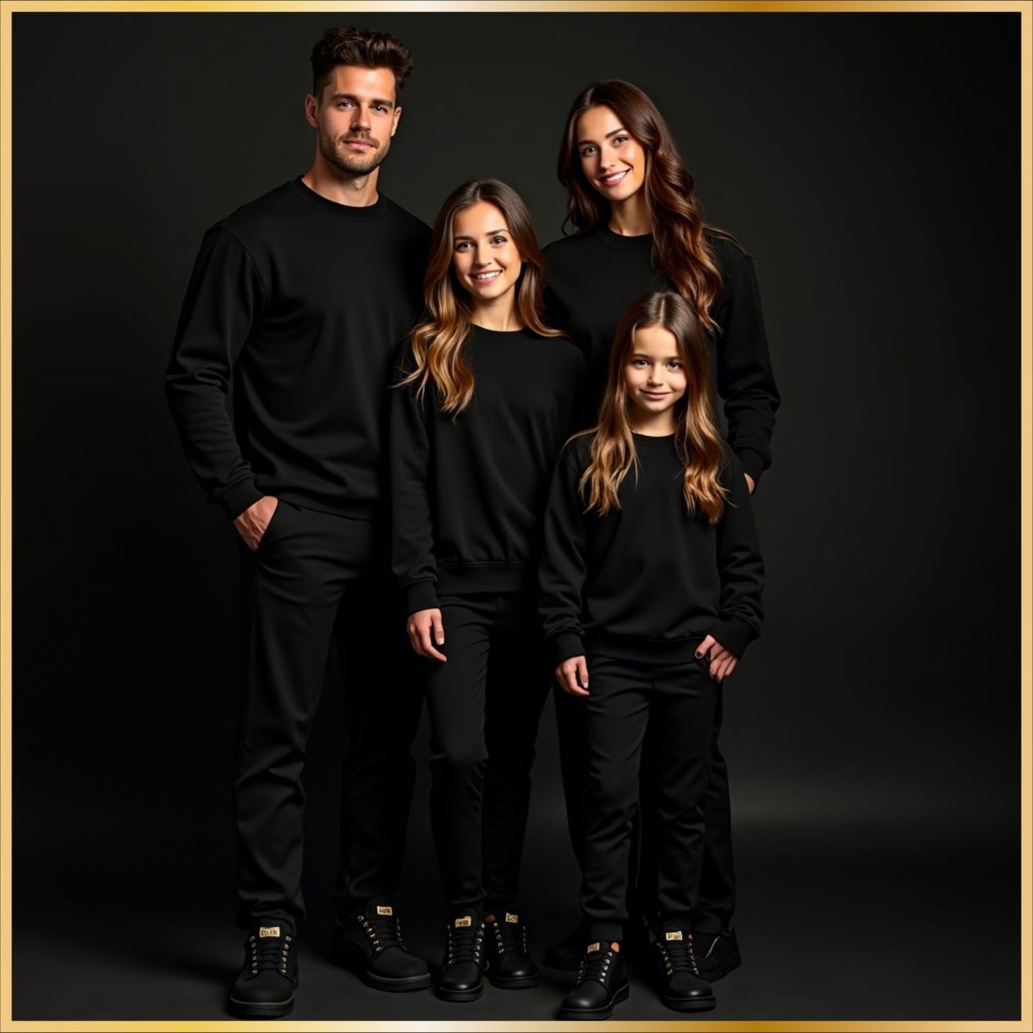 Coordinated family outfits in black apparel presented in a dark studio, modern matching outfit theme.