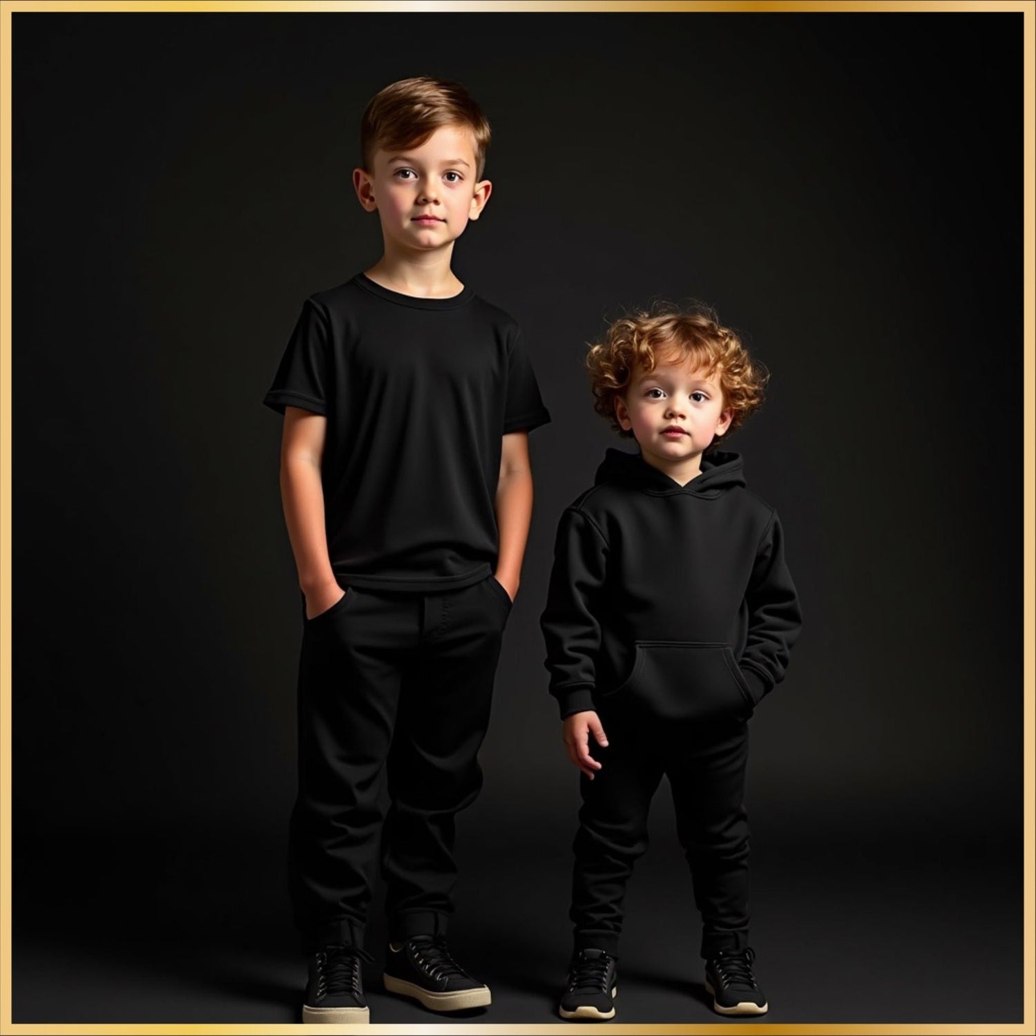 Coordinated sibling apparel in black clothing photographed in a stylish dark studio setting.