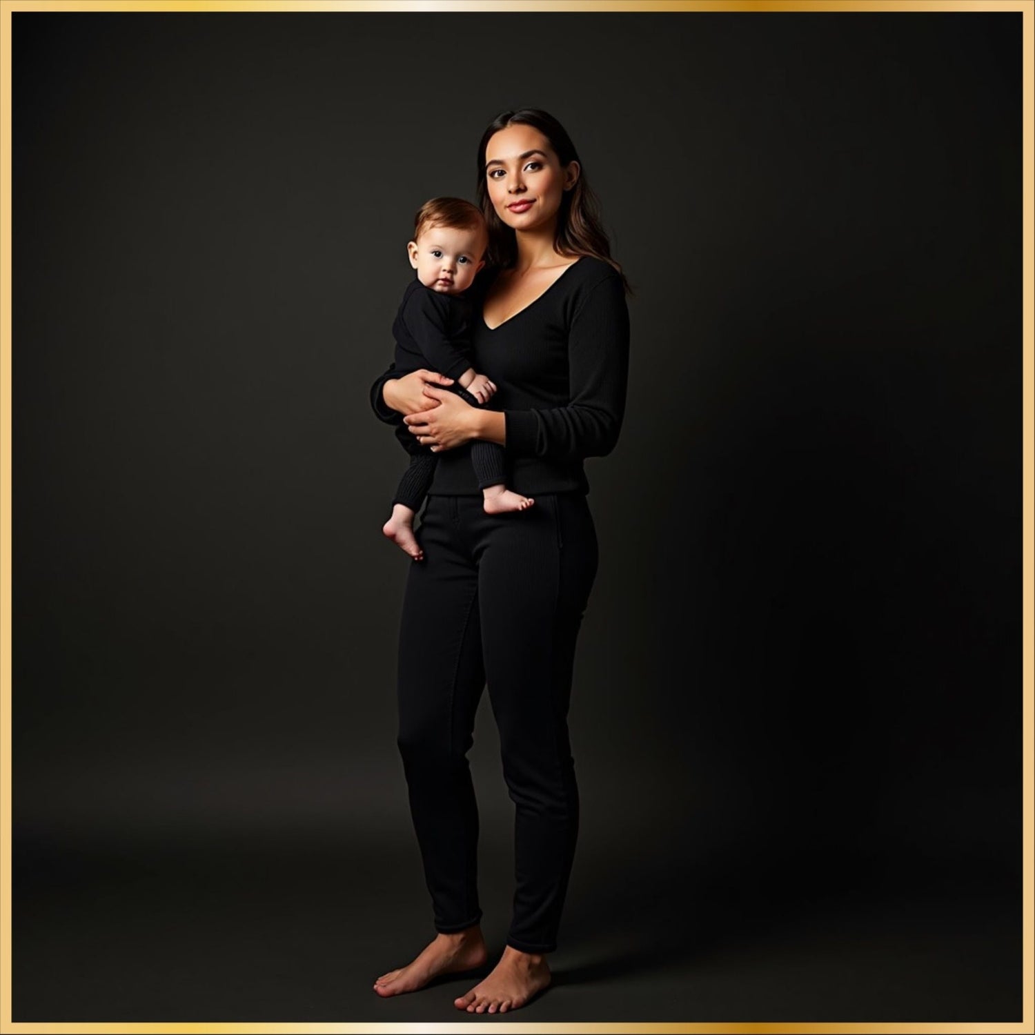 Coordinated mommy and me matching outfit in black apparel shown in a dark modern studio setting.