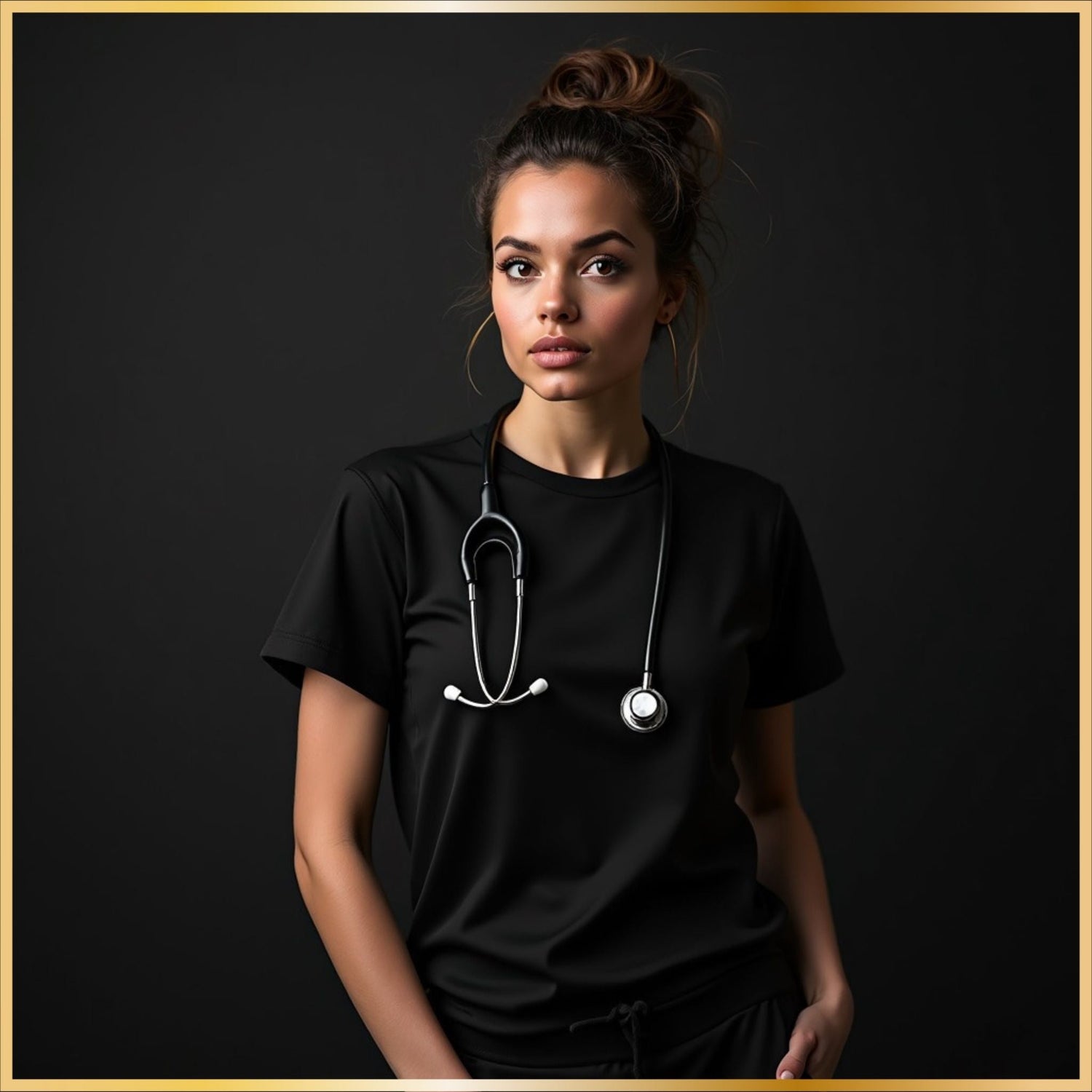 Black nurse-themed t-shirt presented in a clean studio portrait with a modern casual look.