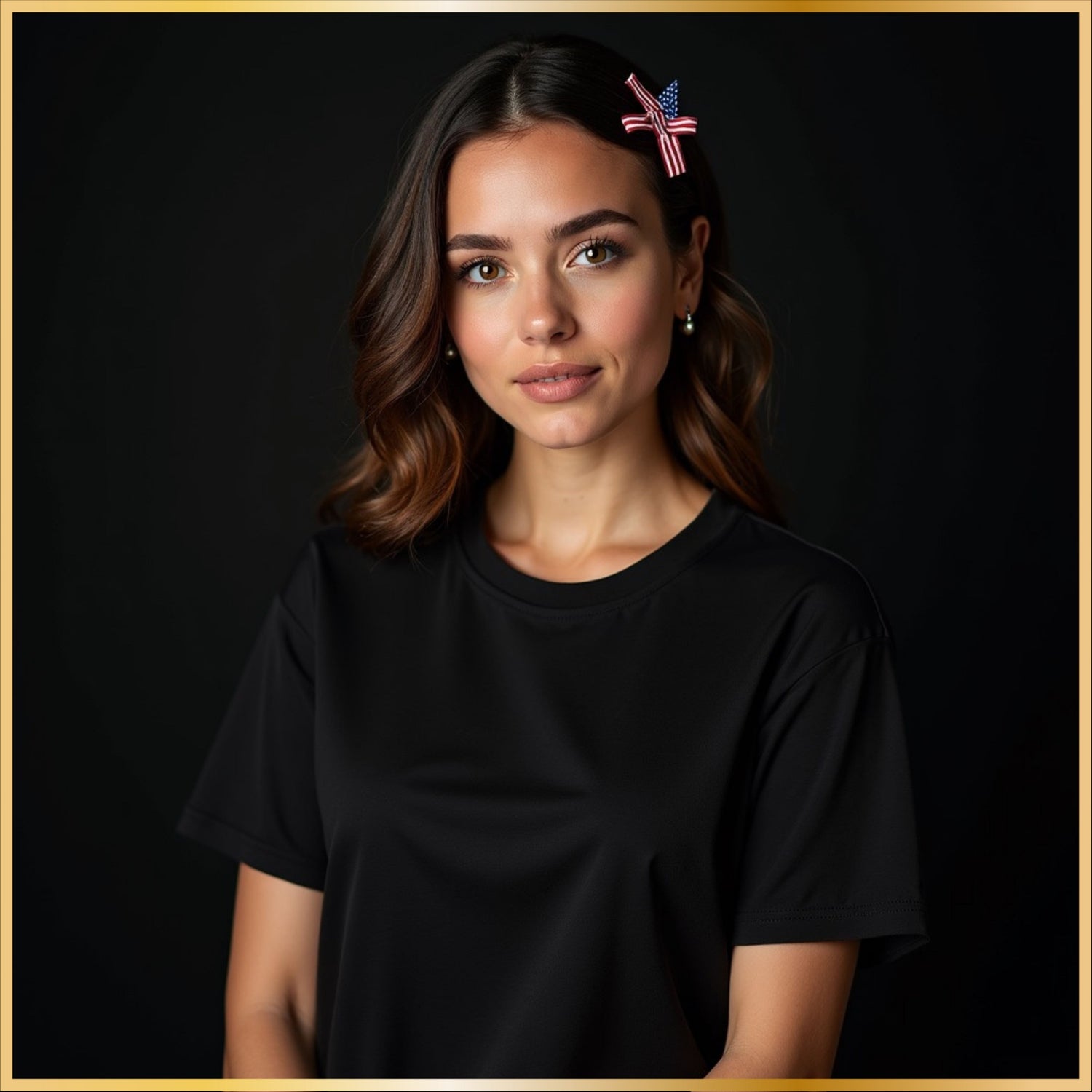 Black patriotic themed t-shirt shown in a dark studio setting with subtle Americana styling.