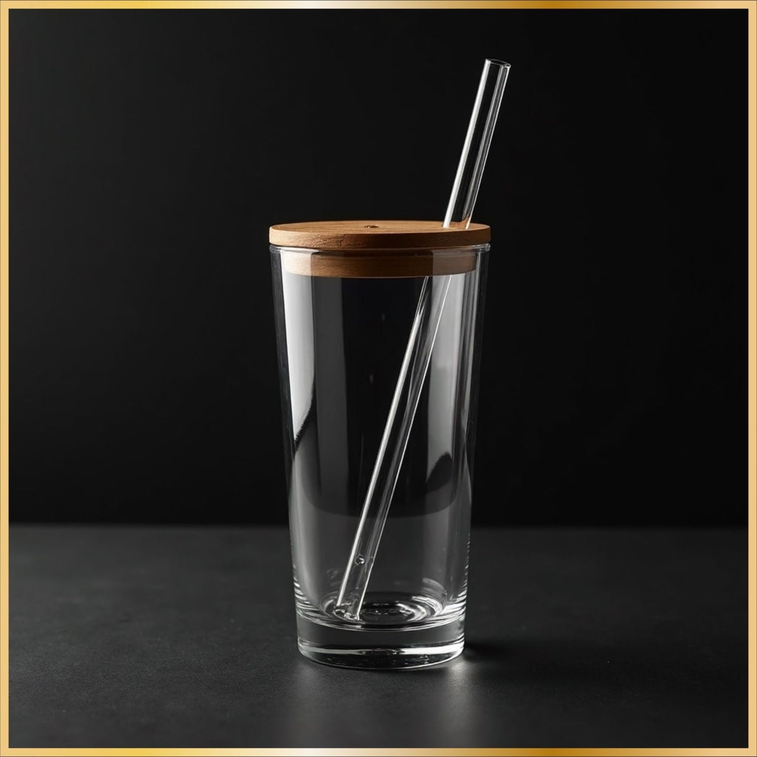Clear tempered glass sipper cup with bamboo lid and straw against a dark minimalist background.