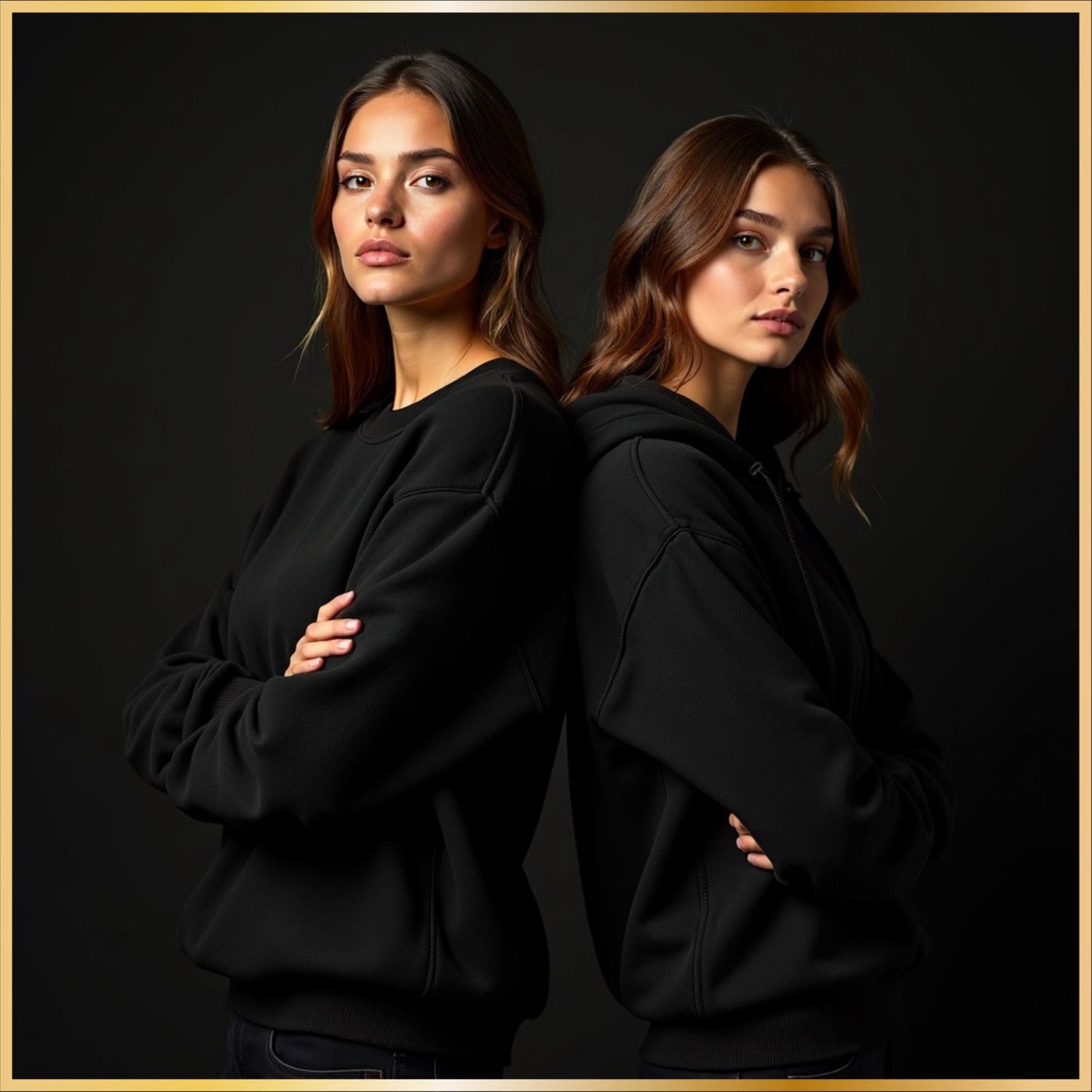 Stylish black sweater worn in a dark luxury studio setting, photographed in a clean editorial fashion style.