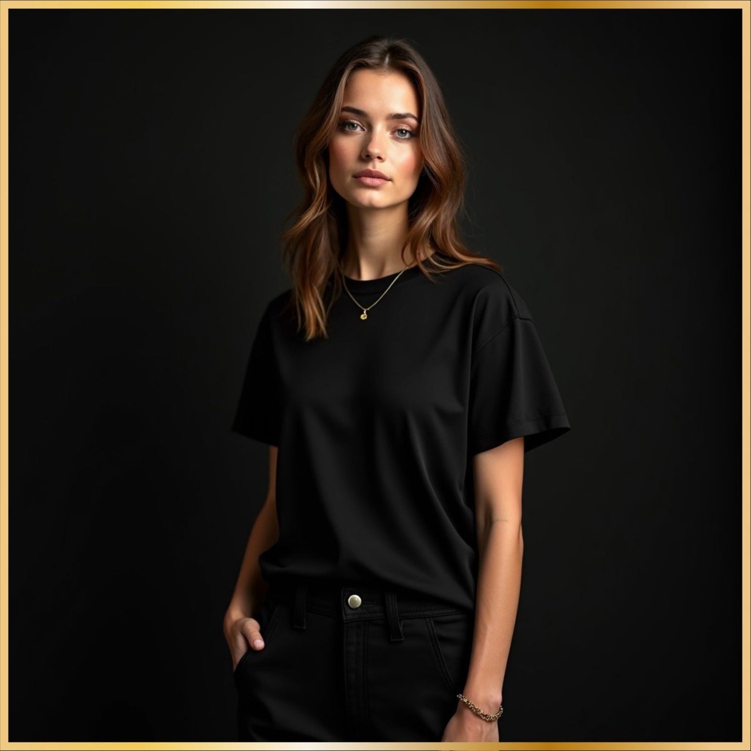 Woman wearing a plain black t-shirt photographed in a dark moody studio, minimalist fashion style.