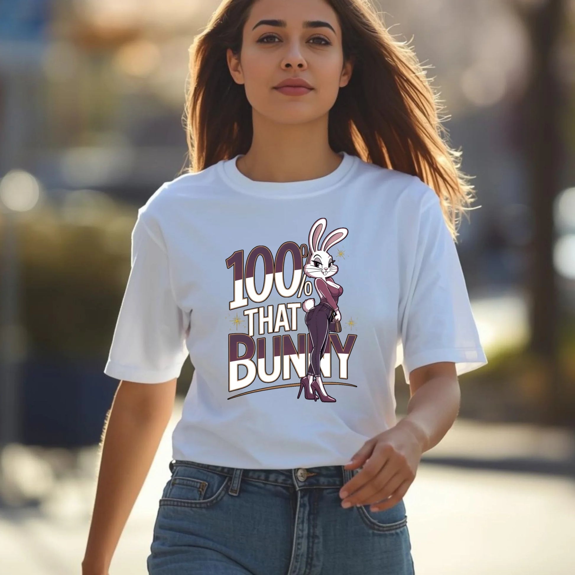 Woman walking confidently outdoors wearing a white Bella + Canvas t-shirt with the 100% That Bunny confident Easter graphic. Casual spring street style with natural movement and a bold, fashion-forward bunny design.
