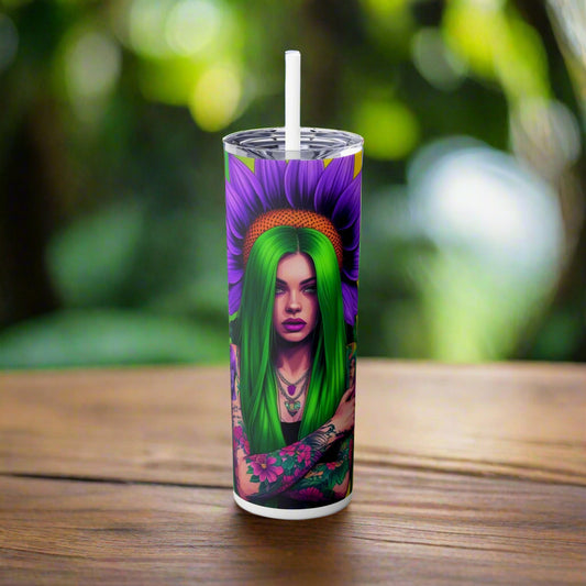 Tumbler with a design of a woman with green hair and tattoos, set against a white background.