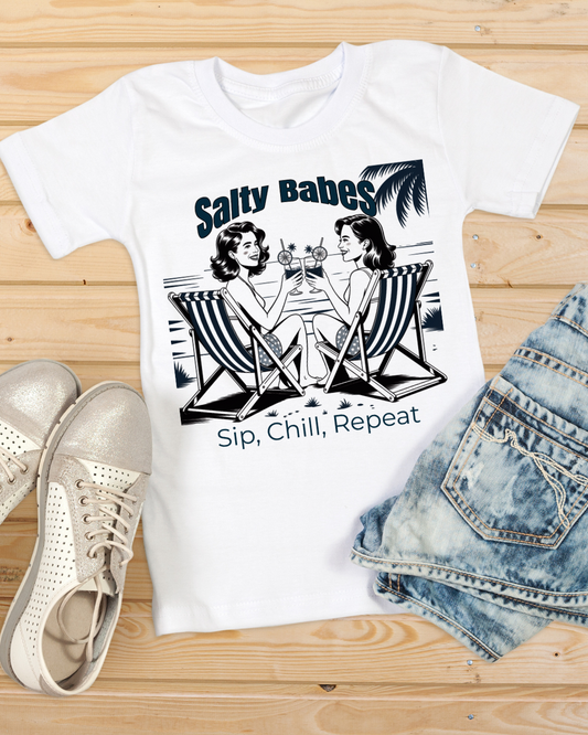 Salty Babes Graphic T-Shirt - Sip, Chill, Repeat - Perfect for Beach Lovers