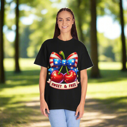 Person wearing a black t-shirt with a colorful graphic design on a white background
