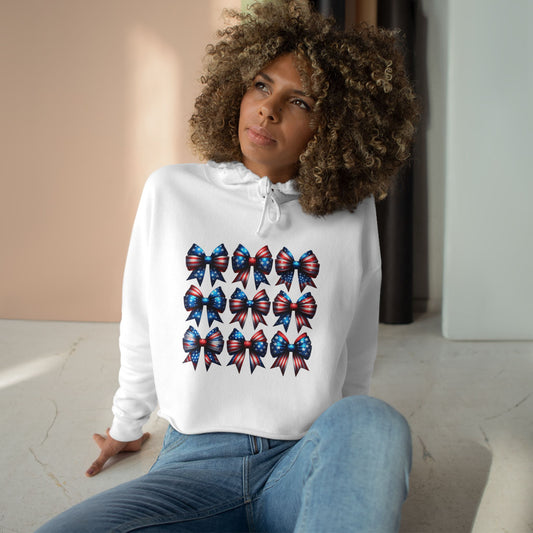 Patriotic Crop Hoodie with Red, White, and Blue Bows