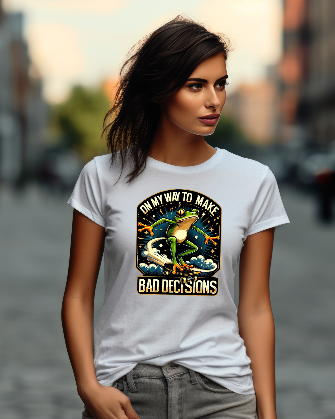 Fun Graphic Frog T-shirt - "On My Way to Make Bad Decisions"
