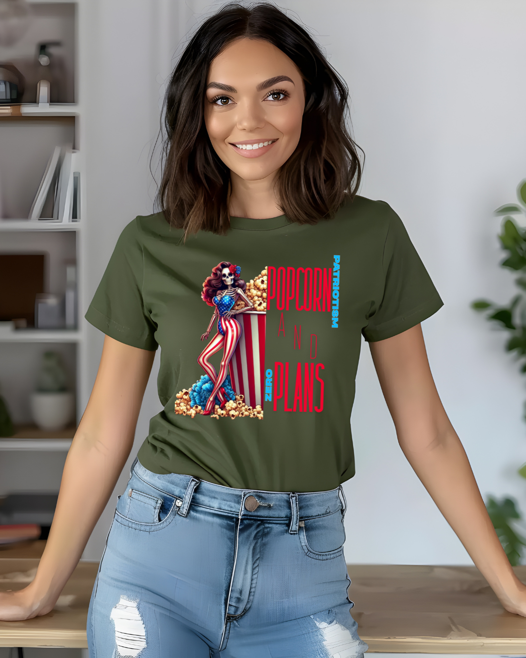 Patriotic Skeleton Popcorn Plans Unisex Jersey Tee - Designs By Dice