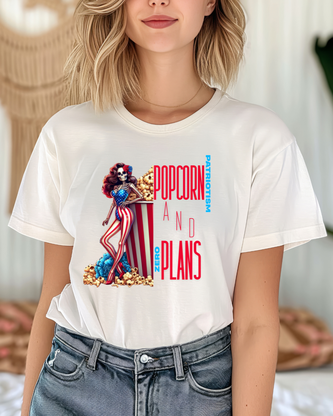 Patriotic Skeleton Popcorn Plans Unisex Jersey Tee - Designs By Dice