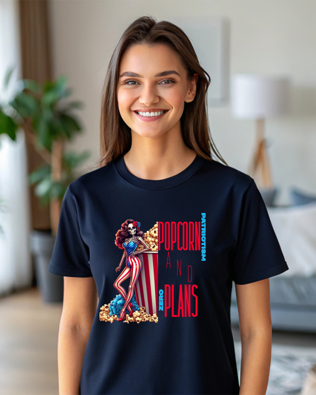 Patriotic Skeleton Popcorn Plans Unisex Jersey Tee - Designs By Dice