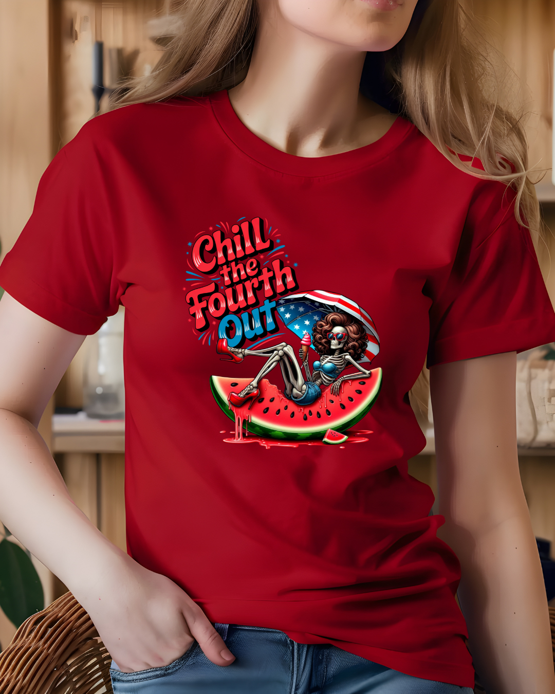 Unisex Chill the Fourth Out Tee, Summer Skeleton Watermelon T-Shirt - Designs By Dice