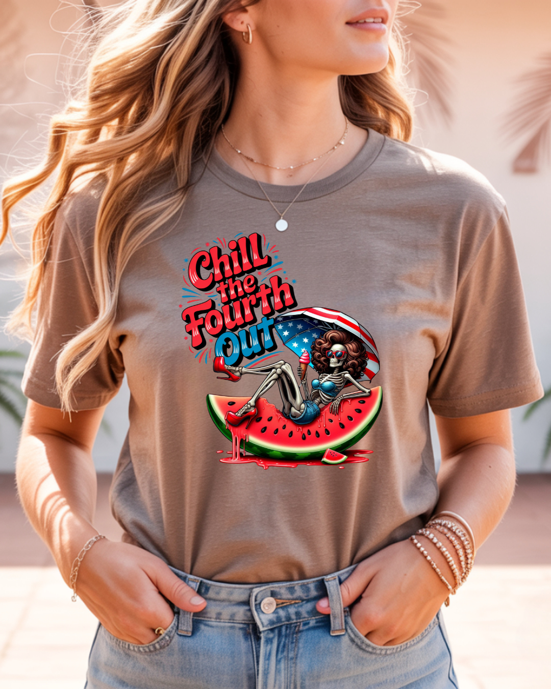 Unisex Chill the Fourth Out Tee, Summer Skeleton Watermelon T-Shirt - Designs By Dice