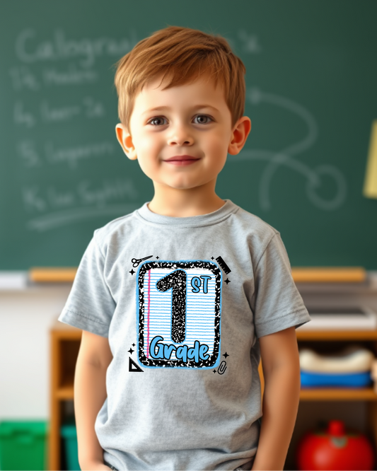 First Grade Boys Back to School Shirt – Leopard Print Notebook Graphic Tee - Designs By Dice