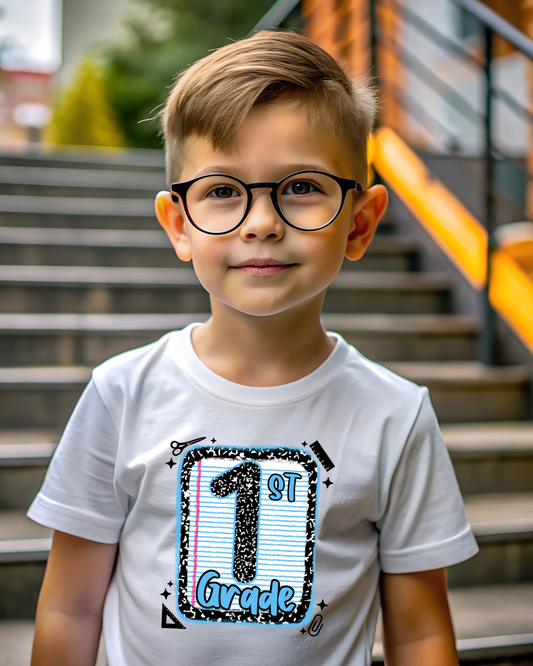 First Grade Boys Back to School Shirt – Leopard Print Notebook Graphic Tee