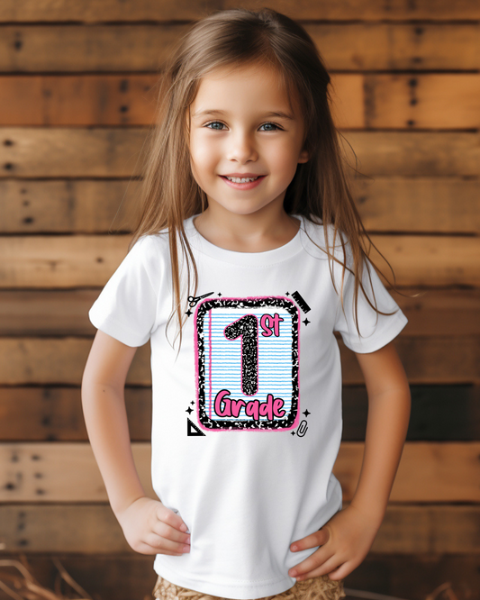 1st Grade Girls Back to School Shirt – Leopard Print Notebook Graphic Tee