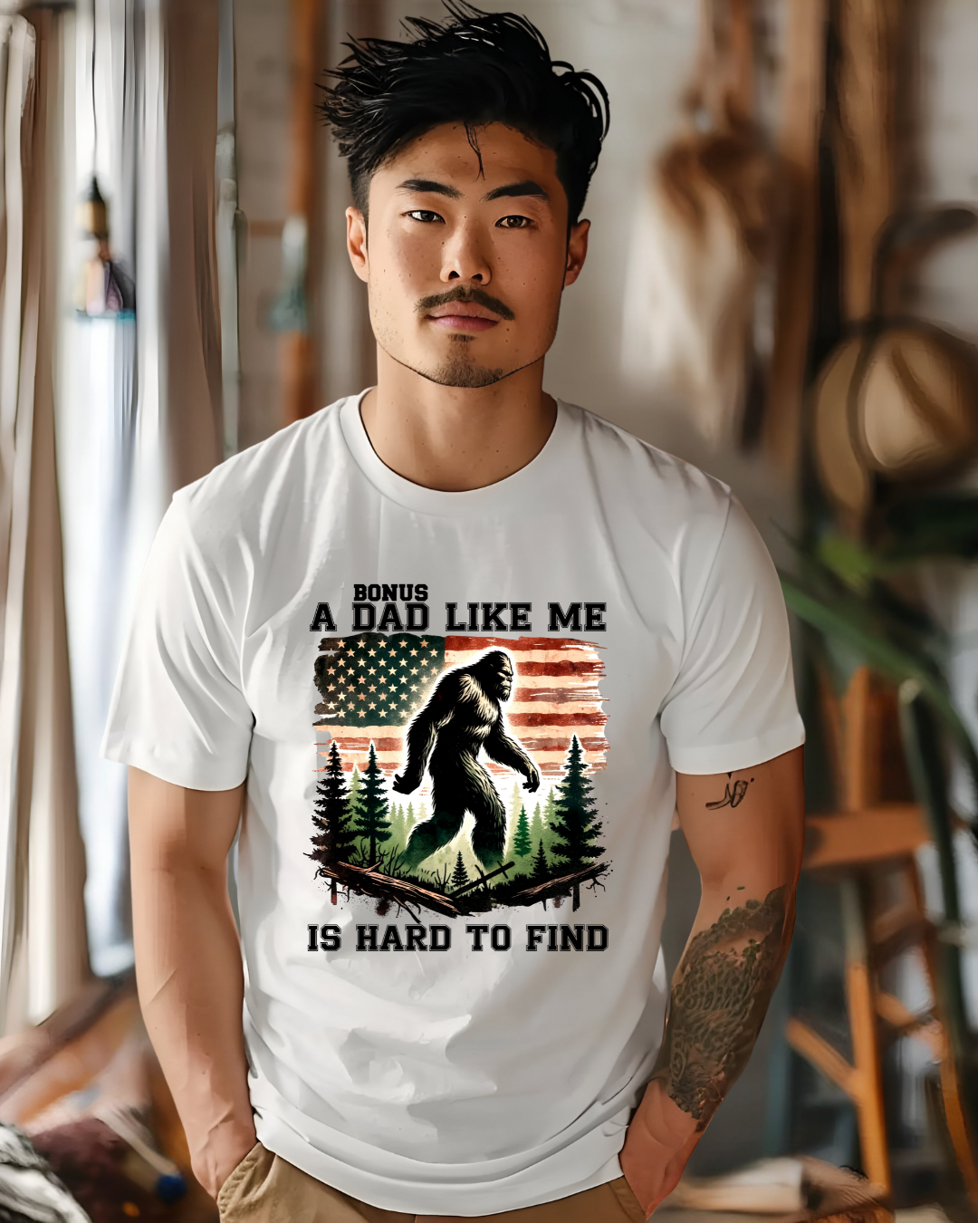 Bonus Dad Like Me Is Hard to Find Bigfoot T-Shirt | Funny Stepdad Sasquatch Shirt - Designs By Dice