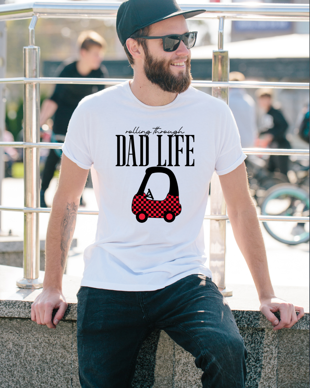 Rolling Through Dad Life T-Shirt | Funny Dad Tee with Toy Car Graphic - Designs By Dice