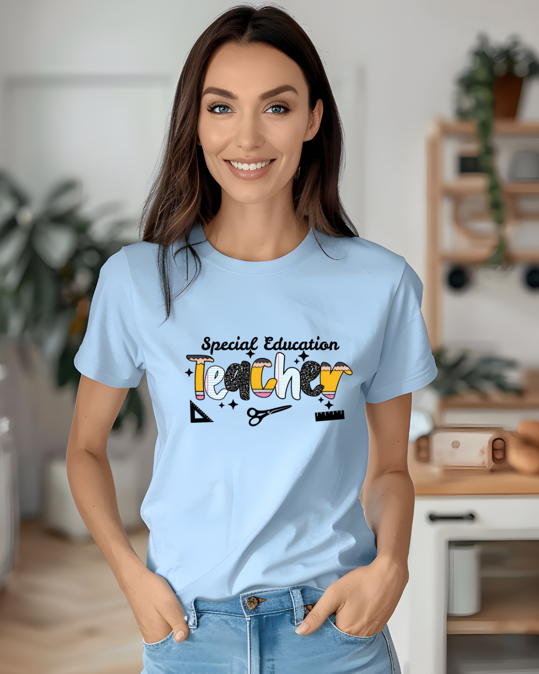 Woman wearing a light blue t-shirt with 'Special Education Teacher' text in a home setting