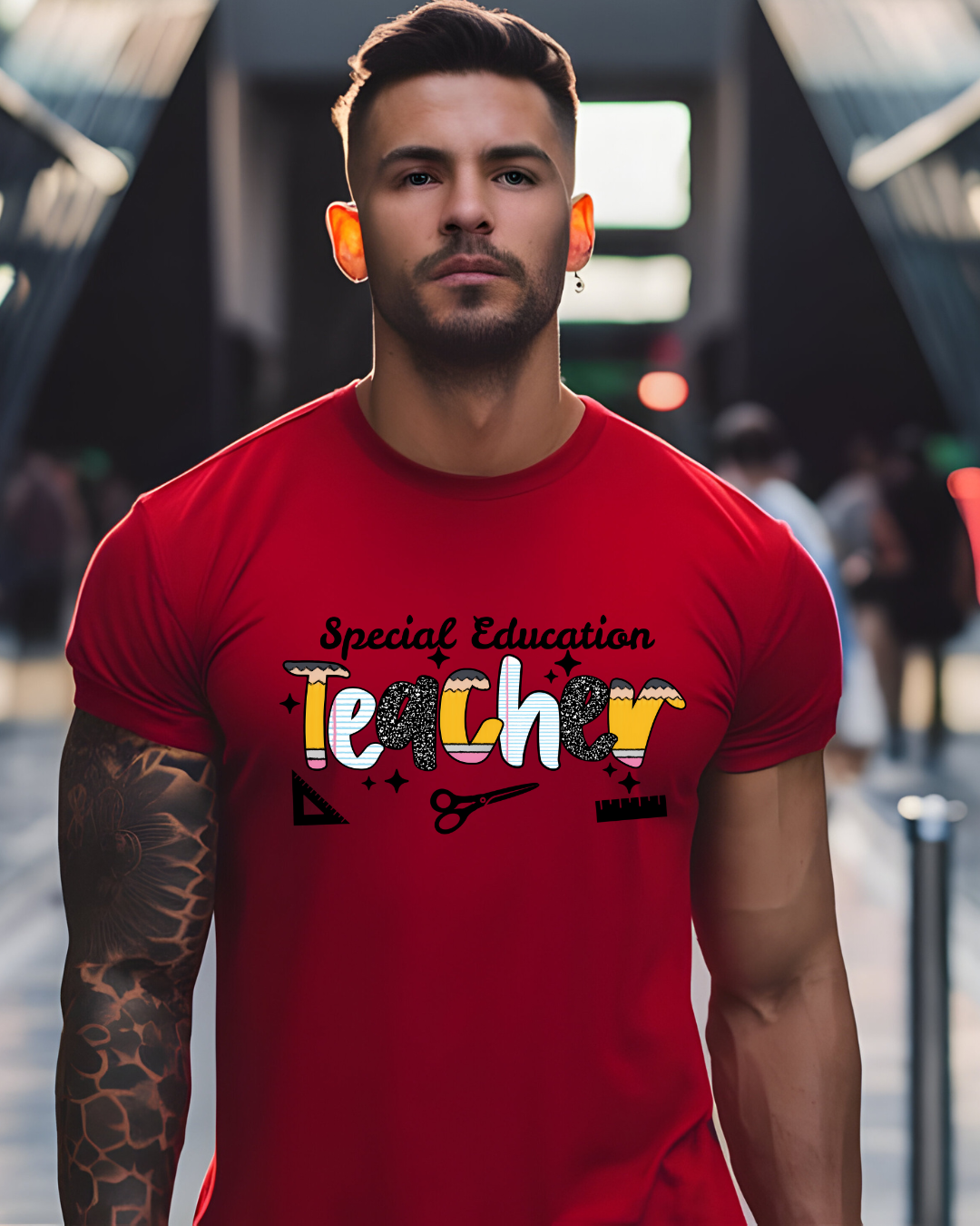 Man wearing a red 'Special Education Teacher' t-shirt in an urban setting