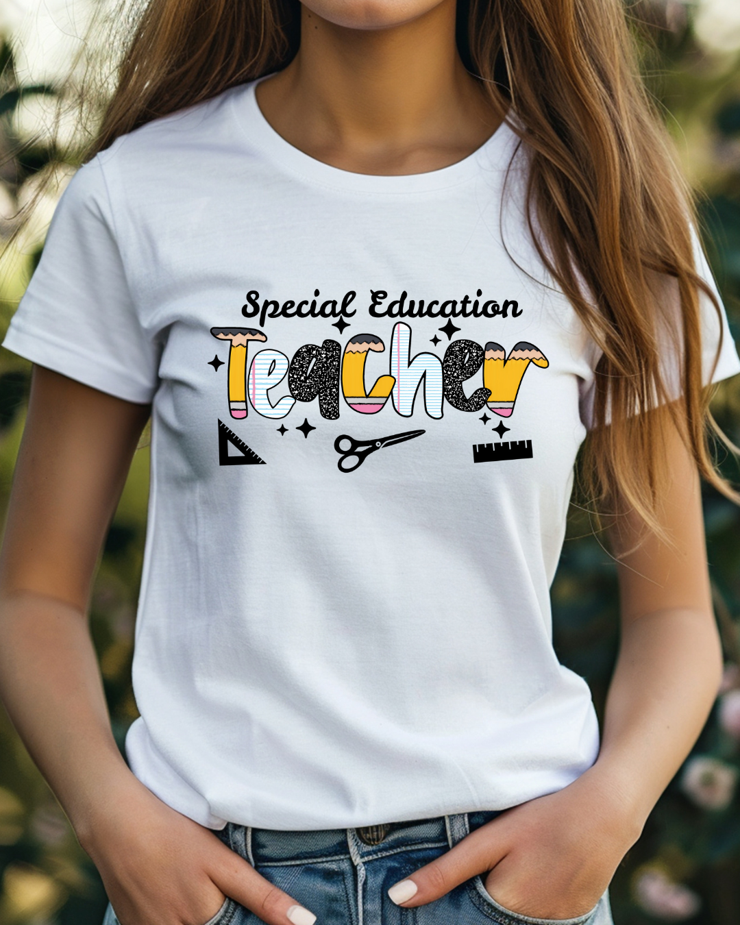 Person wearing a white t-shirt with 'Special Education Teacher' design.